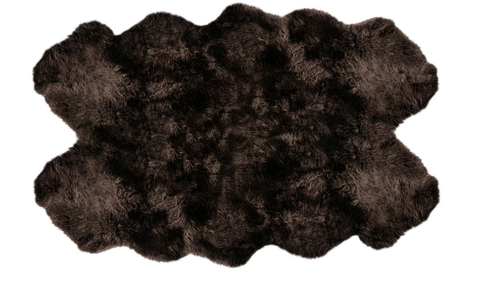 Blackberry Quarto Longwool Sheepskin Rug by Auskin, plush black sheepskin with long wool fibers, soft and luxurious texture.