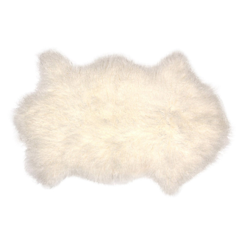 Single Tibetan Longwool sheepskin in ivory from Auskin, showcasing soft, plush wool and natural sheepskin backing.