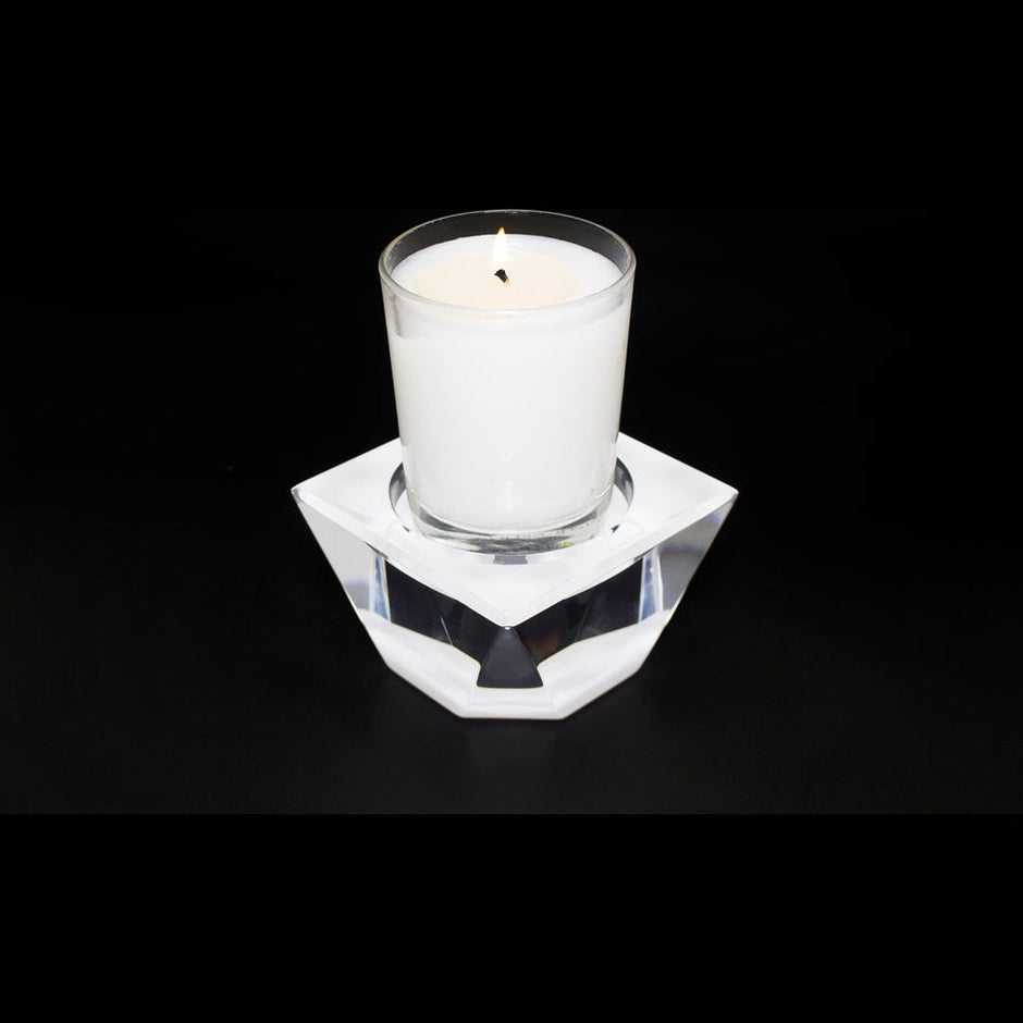 White acrylic candle pedestal holder by AVF Home, elegant cylindrical design for decorative candles.