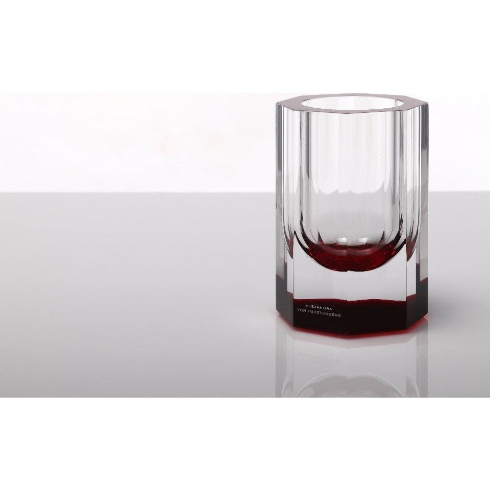 Short AVF Home Acrylic Bolt Vase in ruby red, showcasing a sleek, modern design with clear acrylic and vibrant color.