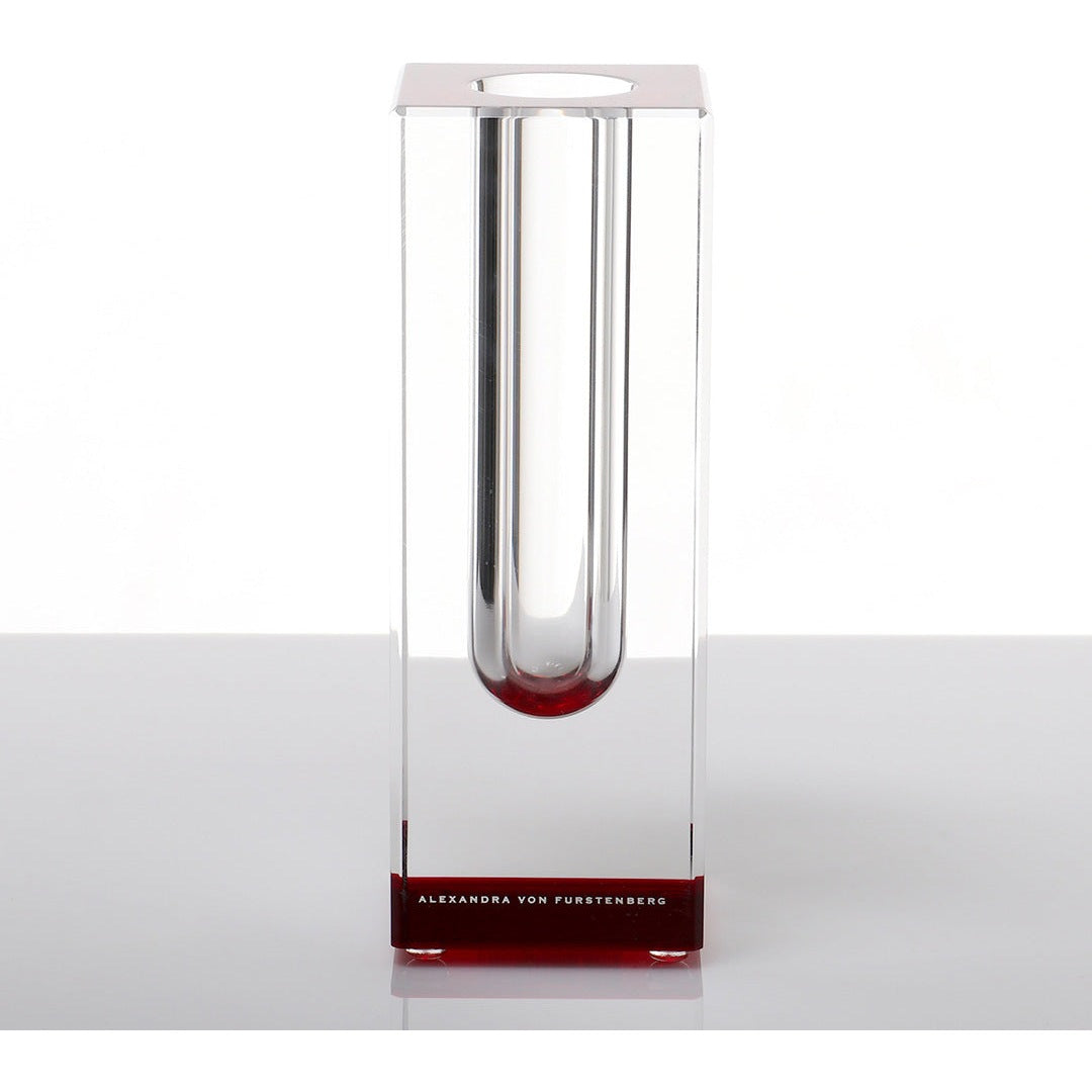 AVF Blooming Acrylic Bud Vase showing a small, clear acrylic vase with a tulip flower inside, ideal for floral arrangements.