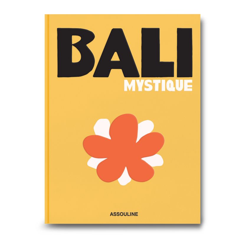 Book cover of 'Bali Mystique' by Assouline with a yellow background, black text, and a red flower graphic.