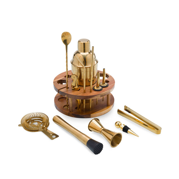 Set of gold and wooden bar tools on a white background