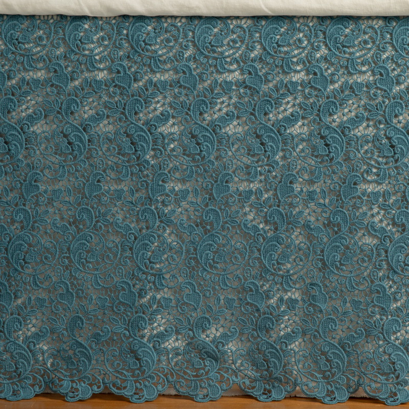 Bella Notte Allora bed skirt in Cenote Cal, designed for Eastern King size beds, featuring elegant, flowing fabric.