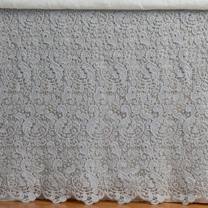 Eastern king Bella Notte Allora bed skirt in Cenote fabric, featuring elegant draped fabric and tailored design.