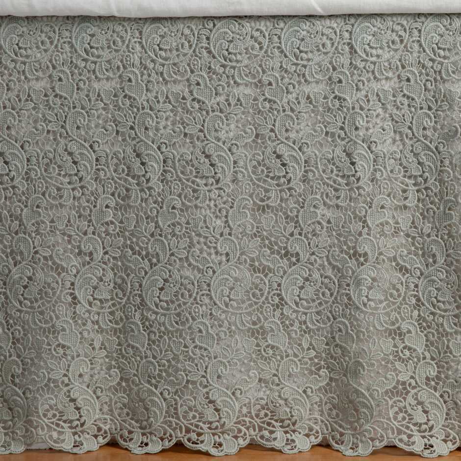 Bella Notte Allora bed skirt in Cenote fabric, elegant decorative bedding accessory for Eastern King size bed.