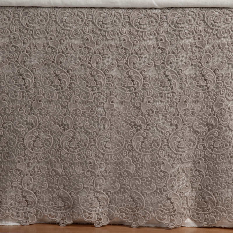 Bella Notte Allora bed skirt in Cenote cal fabric, elegant design for Eastern king size bed, adds a refined finishing touch.