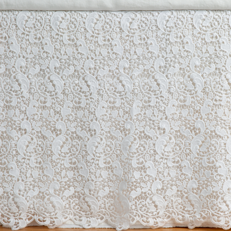 Bella Notte Allora bed skirt in Cenote Cal fabric, elegant bed skirt draping beautifully on an Eastern King bed.