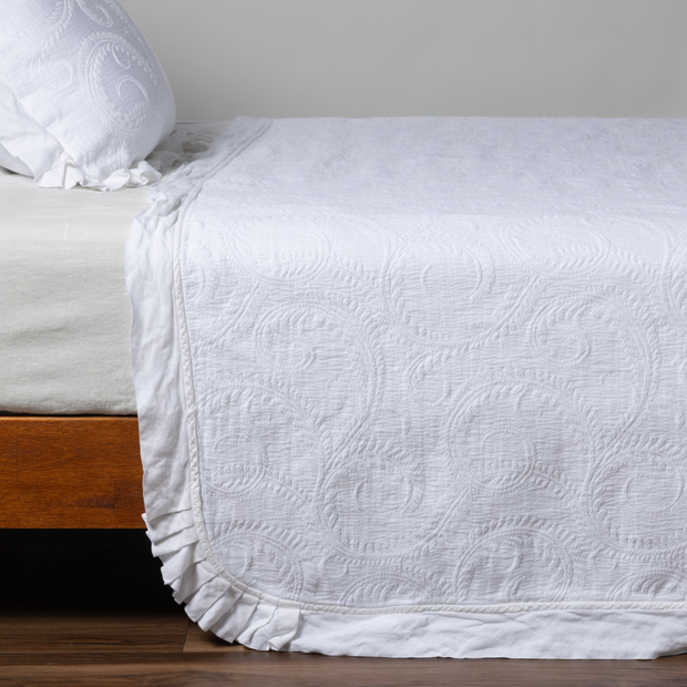 King-sized Bella Notte Marisette bedspread in soft cloud color, showcasing elegant, lightweight bedding fabric with a subtle textured pattern.
