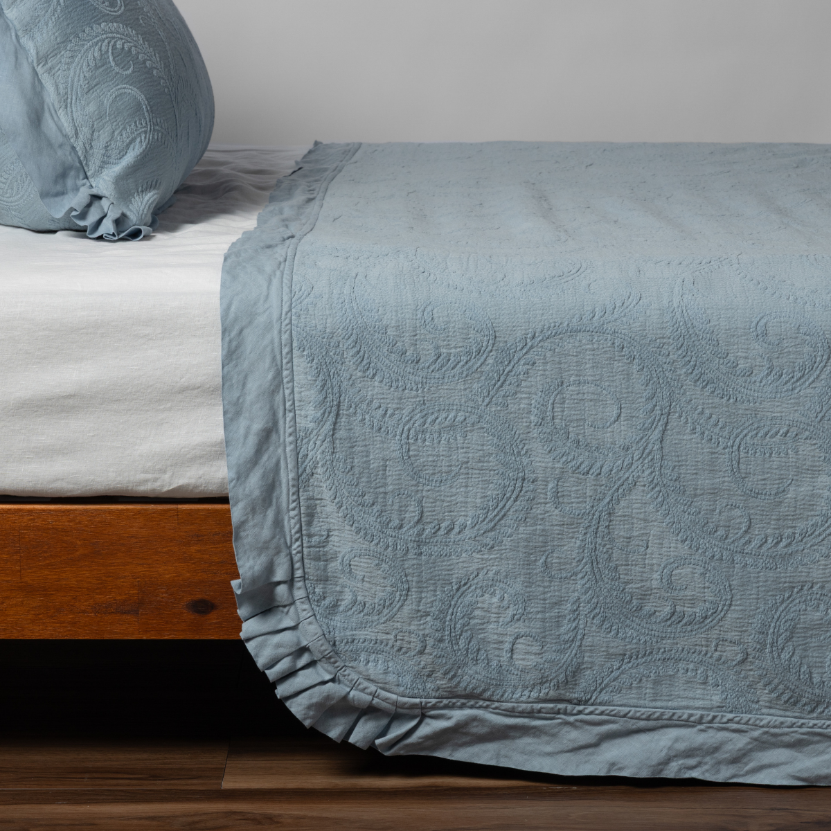 Bella Notte Marisette Bedspread in cloud color, king size, showing soft, luxurious fabric with intricate stitching.