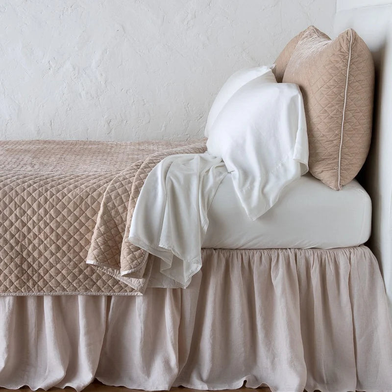 Bella Notte Silk Velvet Quilted Coverlet on a bed, showcasing its plush, luxurious fabric and elegant quilted design.