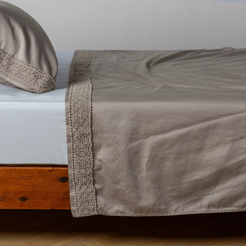 Bella Notte Bria flat sheet with Novola lace in Cenote, showcasing soft fabric and elegant lace detail.
