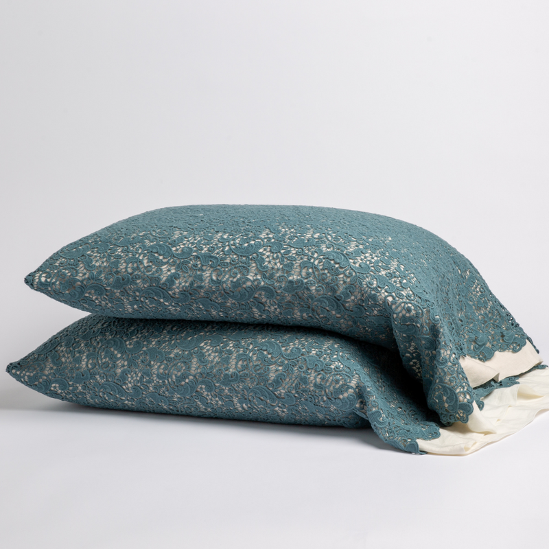 Bella Notte Allora Lace Pillowcase in Cenote king size, showing intricate lace design and soft fabric texture.