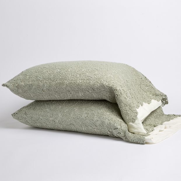 Bella Notte Allora Lace Pillowcase in Cenote, elegant king-sized pillowcase with intricate lace detail and soft fabric.