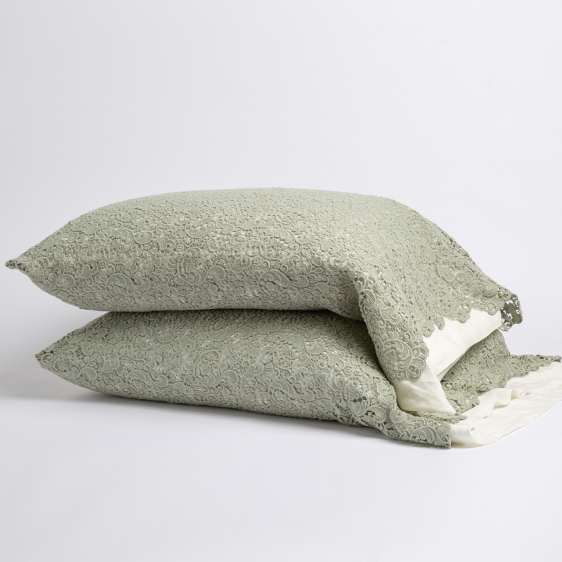 Bella Notte Allora Lace Pillowcase in Cenote color, showcasing elegant lace details on a luxurious pillowcase.