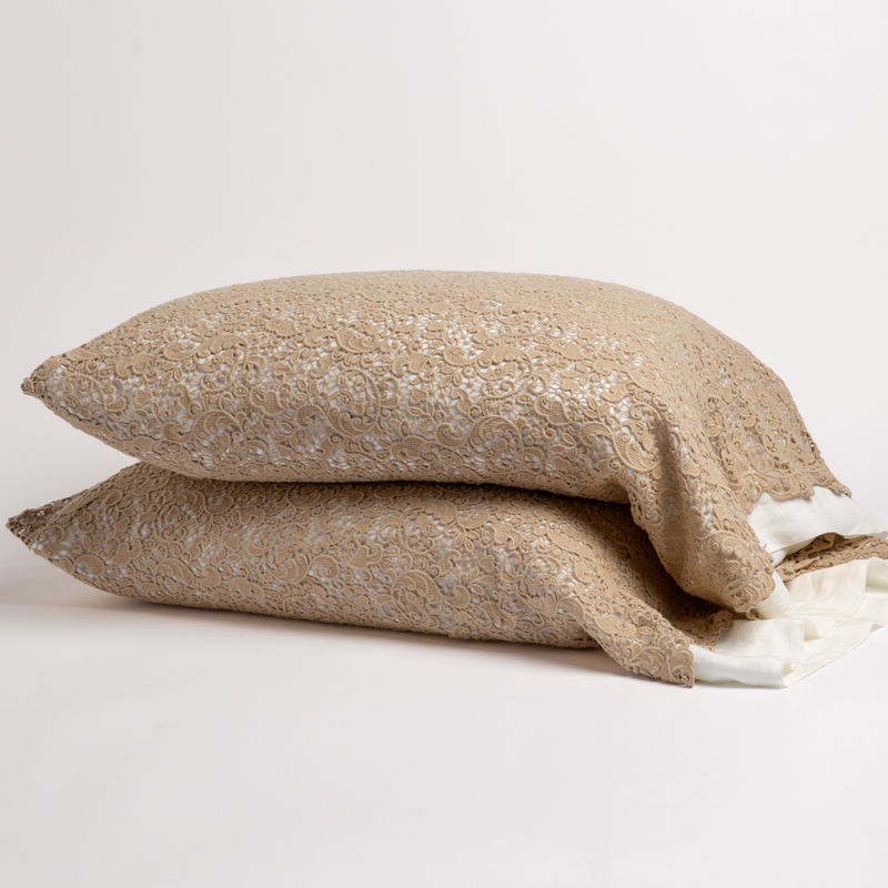 Bella Notte Allora Lace Pillowcase in Cenote, a luxurious white pillowcase with intricate lace details for elegant bedding.