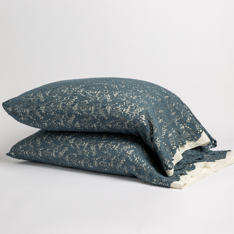 Bella Notte Allora Lace Pillowcase in Cenote, luxurious cotton pillow cover with delicate lace detailing for elegant bedroom decor.