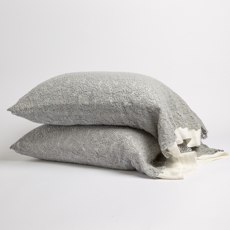 Bella Notte Allora Lace Pillowcase in Cenote, luxurious cotton pillowcase with intricate lace details for elegant bedroom decor.