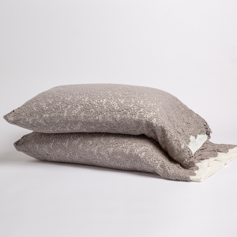 Bella Notte Allora Lace Pillowcase featuring intricate lace details on a king-size pillow for elegant bedroom décor.