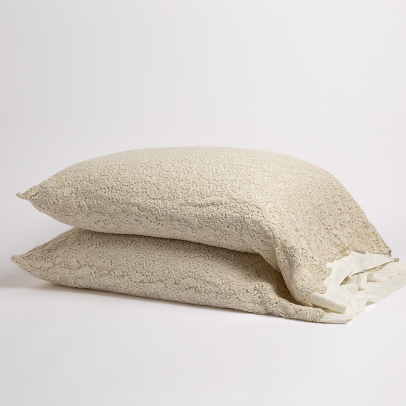 Bella Notte Allora Lace Pillowcase in Cenote, elegant cotton pillowcase with intricate lace details for luxurious bedding.