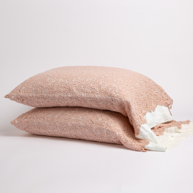 Bella Notte Allora Lace Pillowcase in Cenote, showcasing delicate lace and elegant fabric for a luxurious bedroom decor.