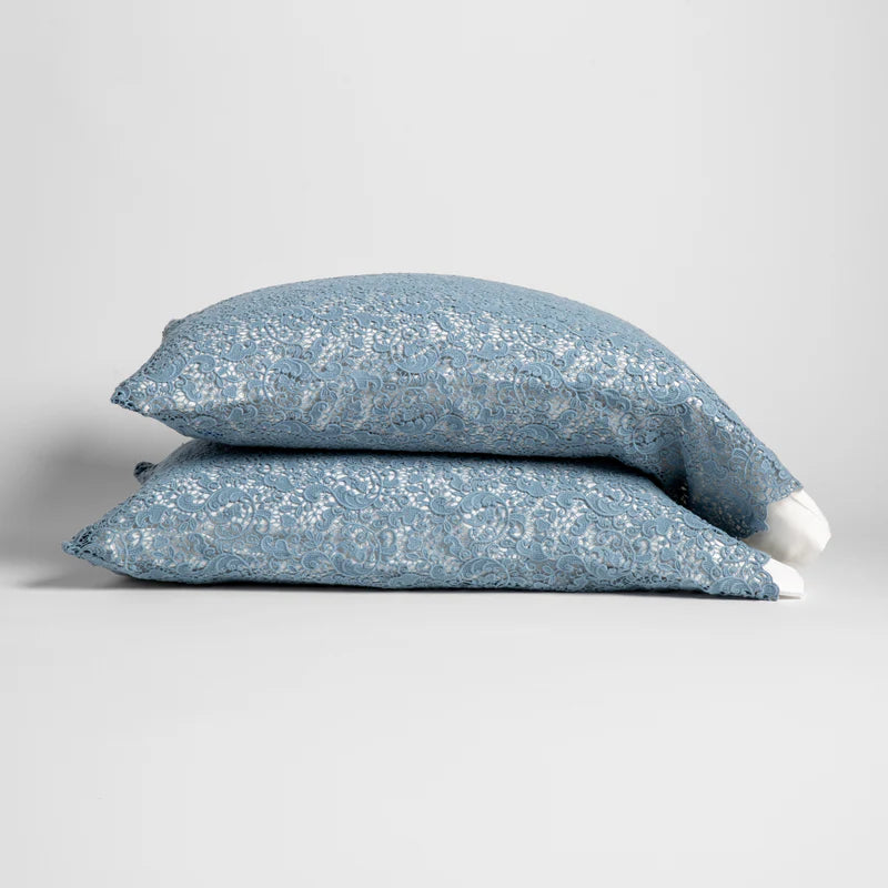 Bella Notte Allora Lace Pillowcase in Cenote, elegant king-size pillowcase with intricate lace detailing.
