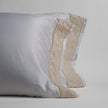 White Bella Notte Bria pillowcase with delicate Novola lace detailing, showcasing elegant, soft fabric and intricate lace accents.