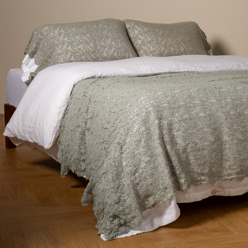 Bella Notte Allora Bed Scarf throw blanket in Cenote fabric, showcasing soft, luxurious textile with intricate details.