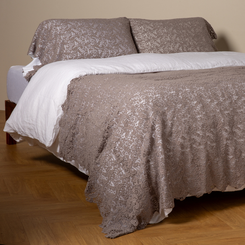 Bella Notte Allora Bed Scarf throw blanket in Cenote fabric, draped over a bed for a soft, elegant look.