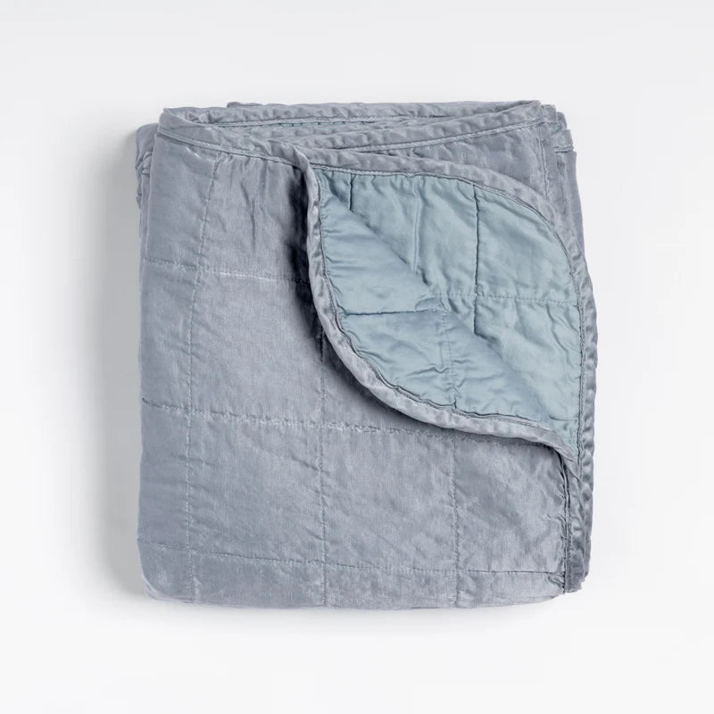 Bella Notte Tahoe Blue Sel throw blanket spread out on a cozy sofa, showcasing soft, luxurious fabric and elegant design.