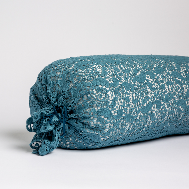 Bella Notte Allora Lace Bolster Cover on throw pillow, featuring elegant lace detail and soft fabric for stylish home decor.