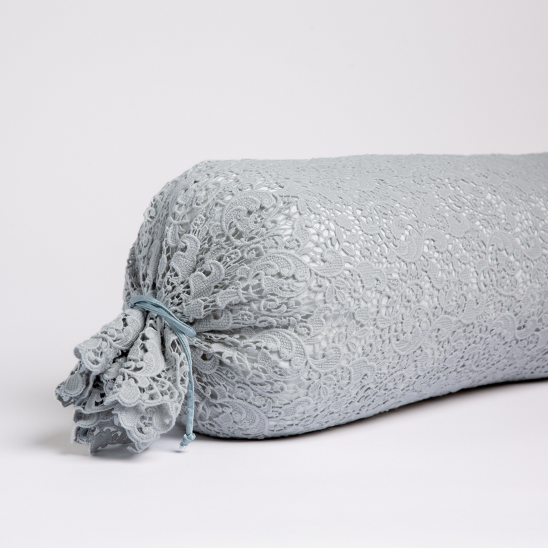 Bella Notte Allora Lace Bolster Cover on a throw pillow with delicate lace details, adding elegant texture to home decor.