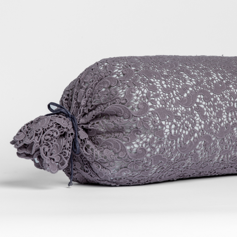 Bella Notte Allora Lace Bolster Cover on a throw pillow with intricate lace details, showcasing elegant bedroom decor.