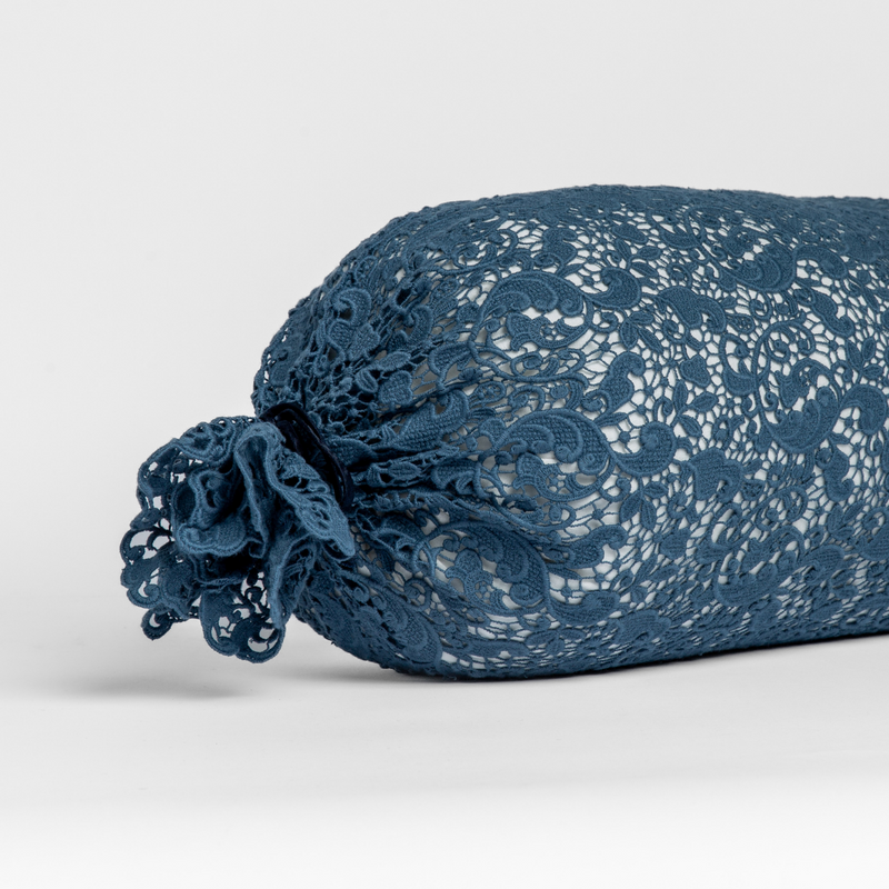 Bella Notte Allora Lace Bolster Cover on a throw pillow with delicate lace detail, showcasing elegant bedroom decor.