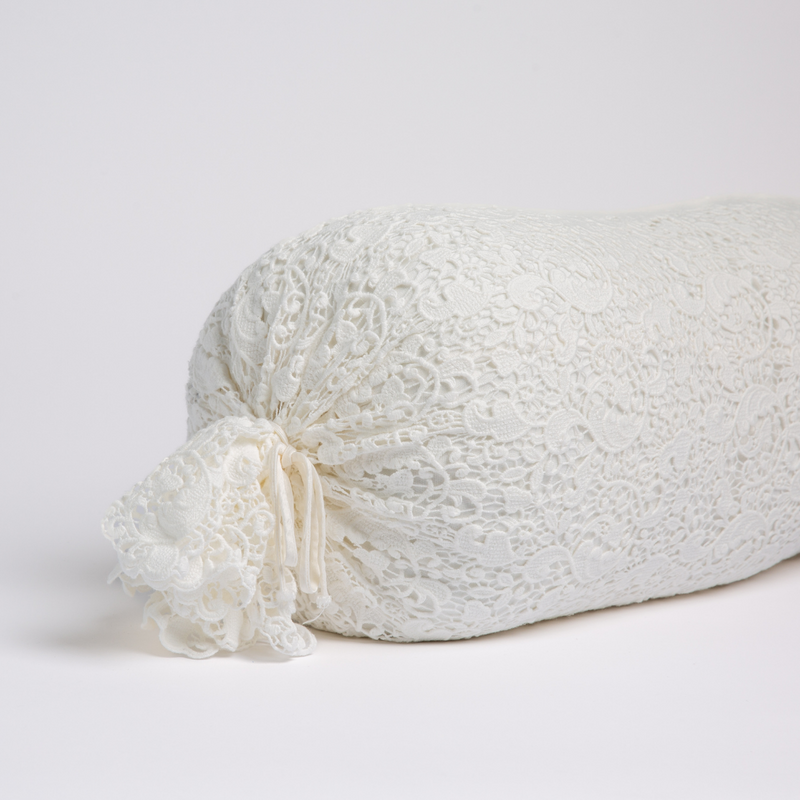Bella Notte Allora Lace Bolster Cover on a throw pillow with intricate lace design, elegant and soft textile.