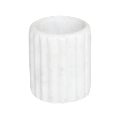 Grooved white marble bathroom accessory holder by BIDK, featuring a sleek, modern design for organizing bathroom essentials.