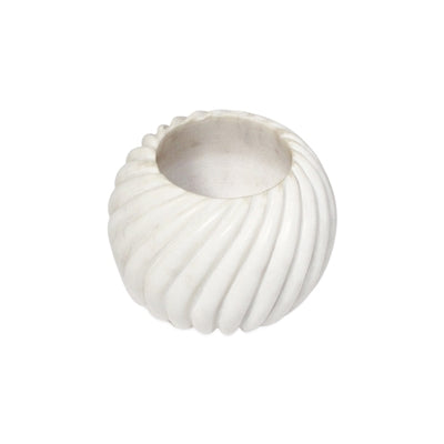 White marble carved votive candle holder by BIDK with intricate design, perfect for decorative or ambient lighting.