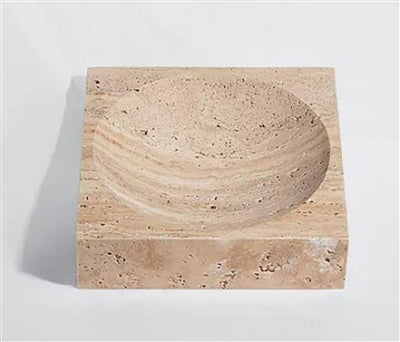 Cream-colored large square decor bowl made of travertine stone by BIDK, perfect for elegant home decor displays.