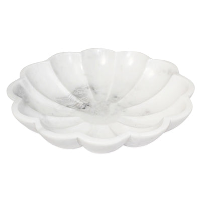 Medium marble carved lotus bowl by BIDK, decorative ceramic bowl with intricate lotus design for home decor.