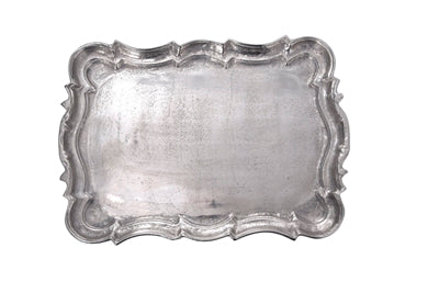 Aluminum rectangular baroque tray with ornate detailing, designed by BIDK for elegant serving and decorative display.