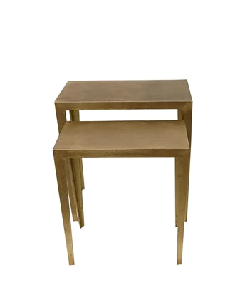 Set of two antique brass nesting side tables by BIDK, featuring a vintage metal finish and sleek, versatile design.