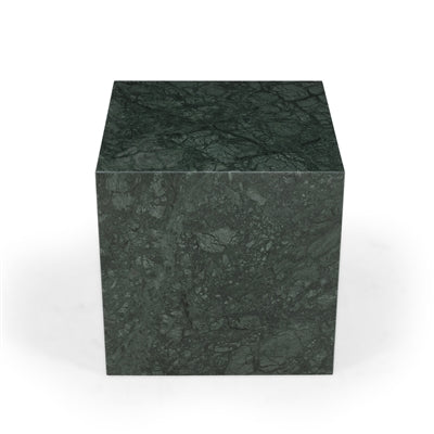 Green marble cube side table by BIDK with a sleek, modern design and smooth surface, perfect for living room or bedroom decor.