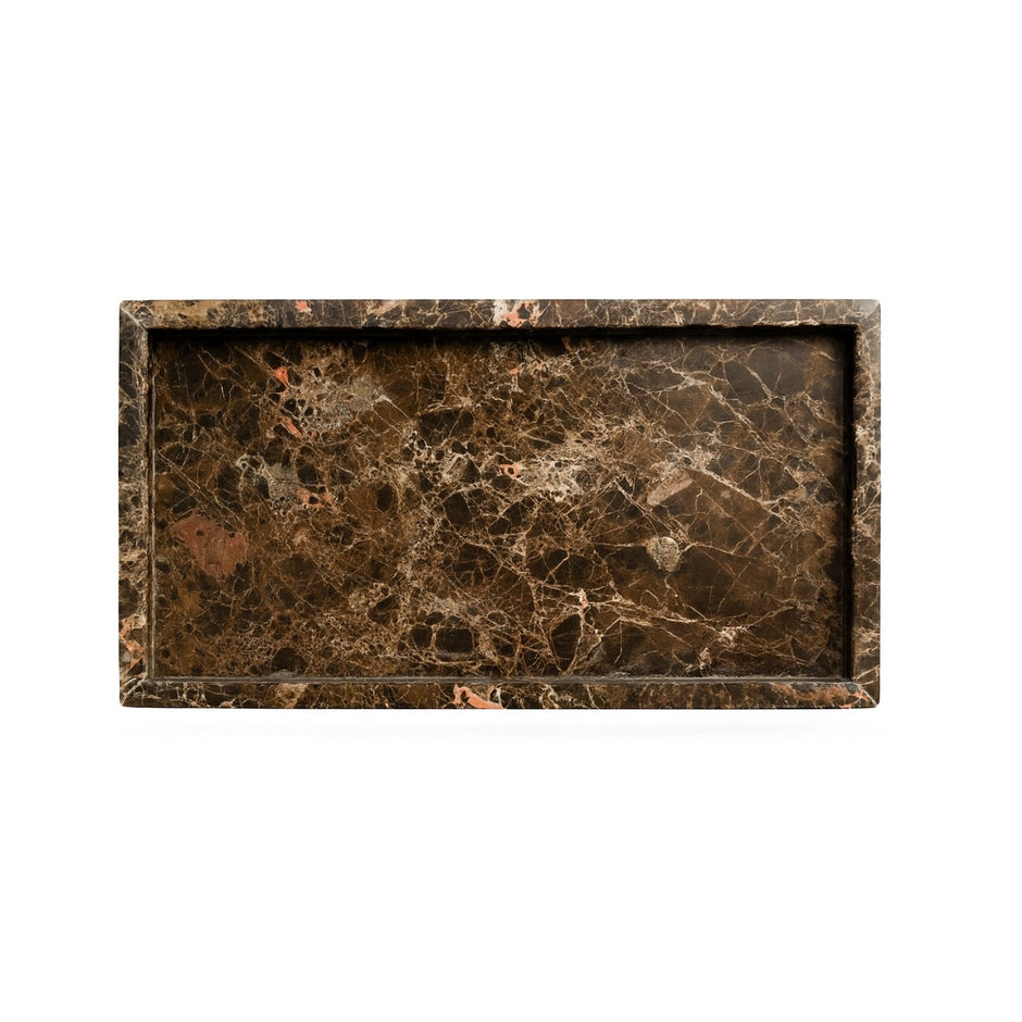 Brown Emperador tank tray by BIDK, featuring a polished marble surface with a sleek rectangular design for bathroom or kitchen use.