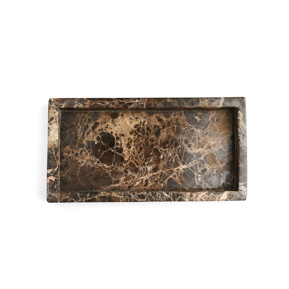 Brown Emperador tank tray by BIDK, rectangular tray with a glossy marble finish, perfect for bathroom or kitchen use.