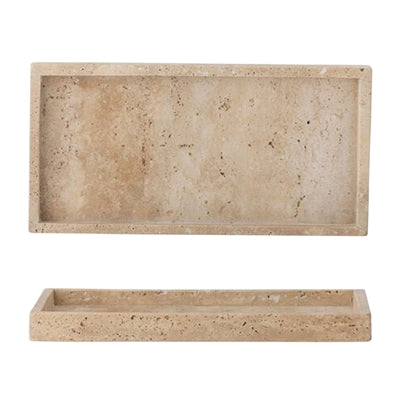 Large cream travertine tray by BIDK, showcasing a smooth, natural stone surface perfect for serving or decorative use.