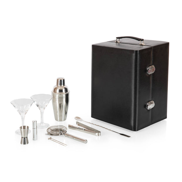 Bartender kit with black carrying case, cocktail shaker, glasses, and tools on a white background