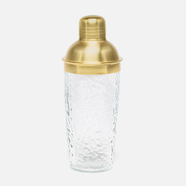 Blue Pheasant Allegra glass and brass cocktail shaker, a stylish bar accessory for mixing drinks.