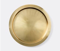 Blue Pheasant Allegra round tray in matte brass, ideal for bar accessories, with a sleek, circular design for elegant serving.