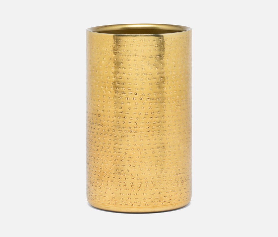 Blue Pheasant Amherst brass wine chiller, a stylish bar accessory for keeping wine cool, shown in a sleek brass finish.