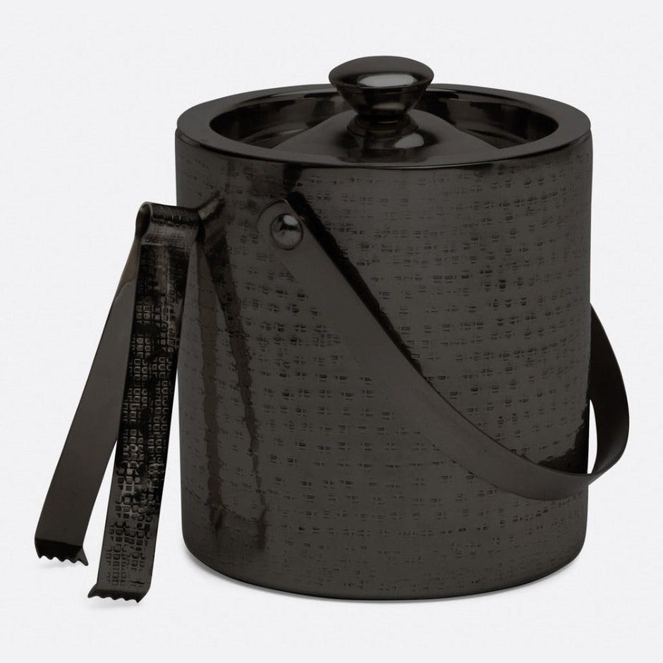 Blue Pheasant Winsford ice bucket with tongs, black nickel bar accessory for chilling beverages in a stylish setting.